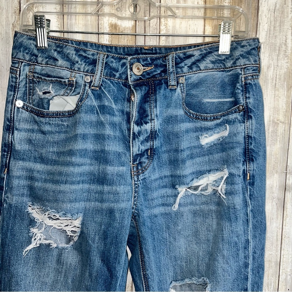 American Eagle Tomgirl High Rise Button Distressed Regular Wash Women’s 6 Long - Picture 2 of 9